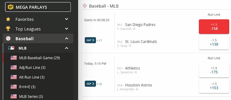 An image of an MLB run line from BetOnline, illustrating spread betting as essentially the same as a run line.